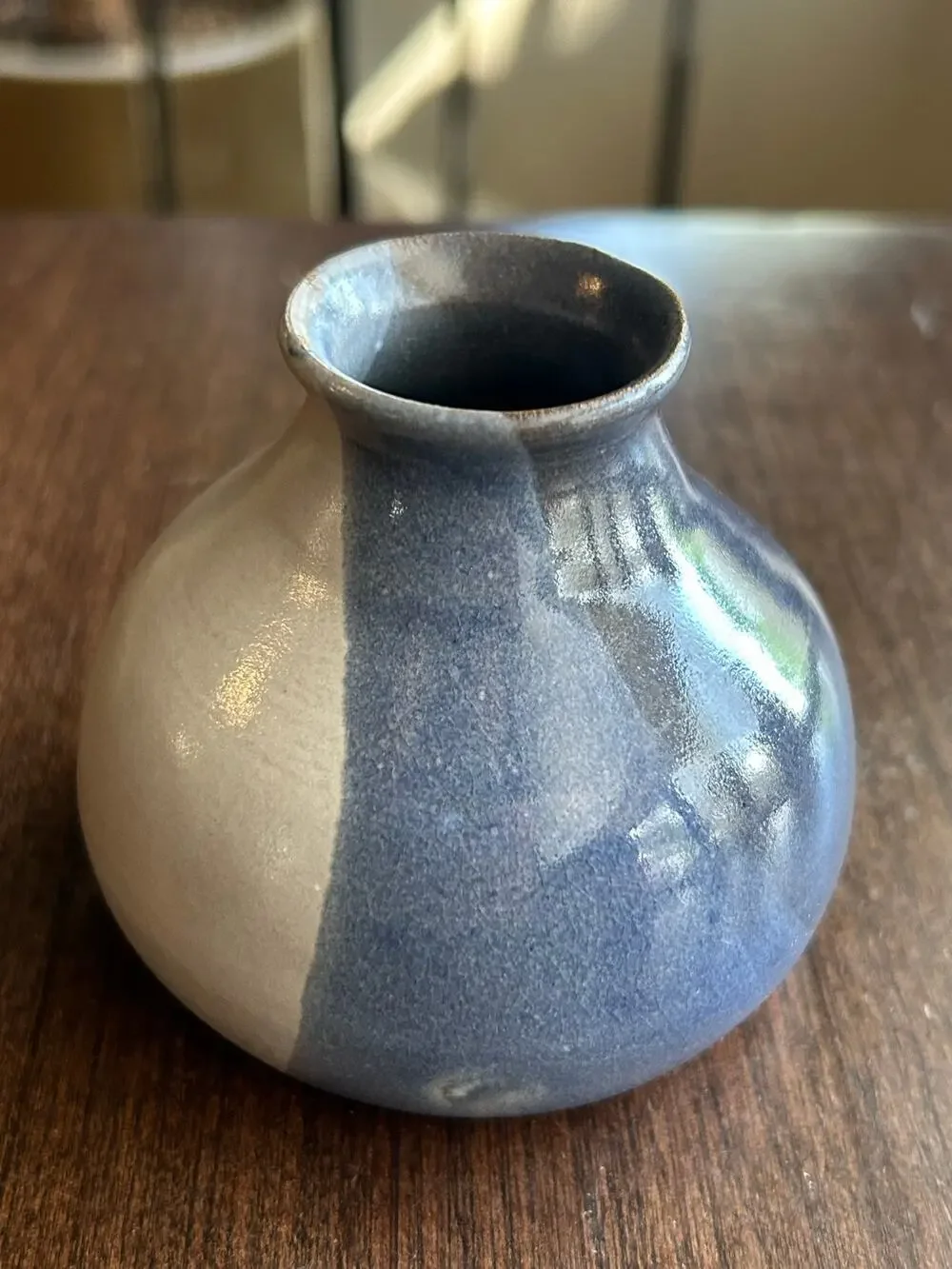 Vintage Handmade folk art studio potter vase signed blue gray swirl